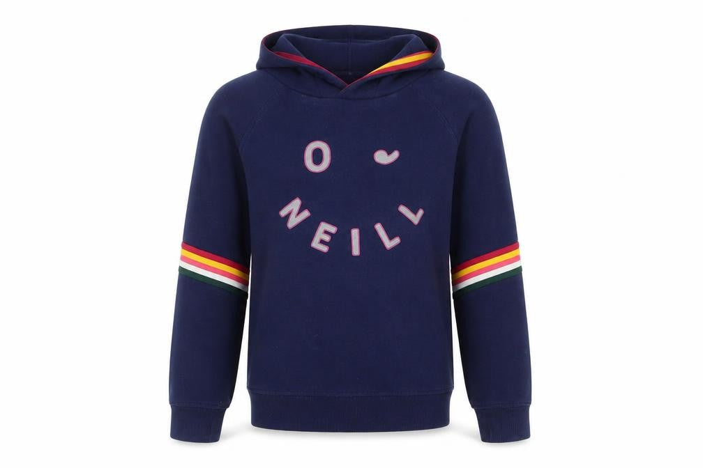Front view of O'Neill girls’ blue rainbow stripe pullover hoodie, size 14, years