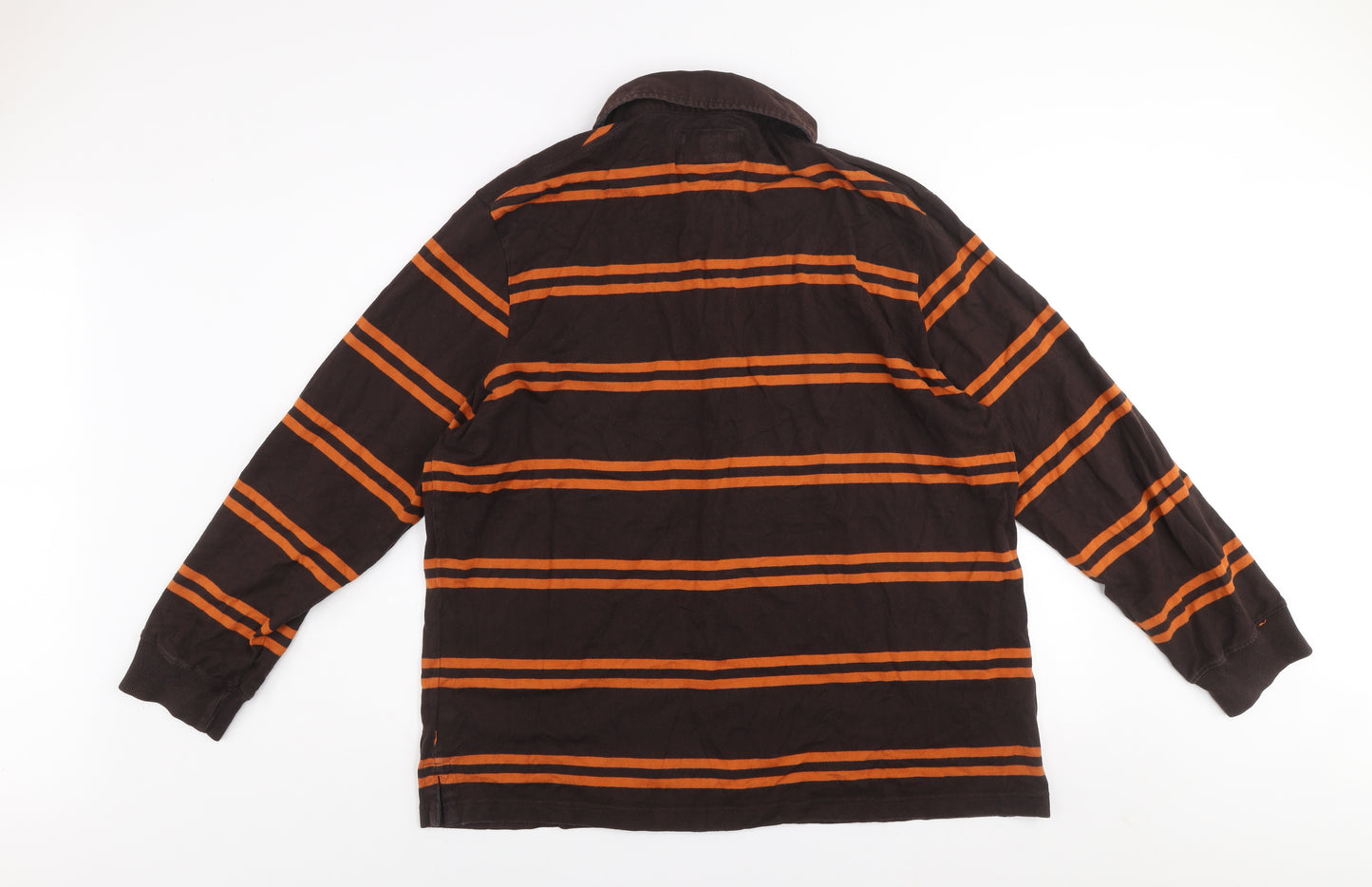 Marks and Spencer Men's Brown Orange Striped Long Sleeve Button-Up Shirt XL