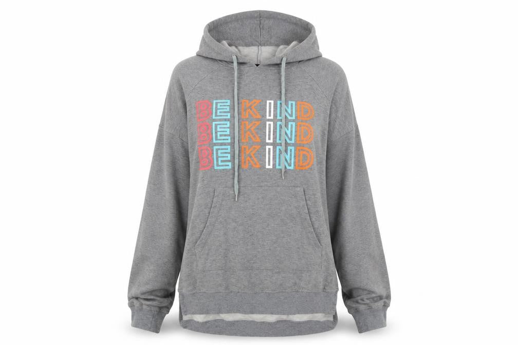Front view of Achiouwa Women’s Grey Pullover Hoodie BE KIND Graphic, size S