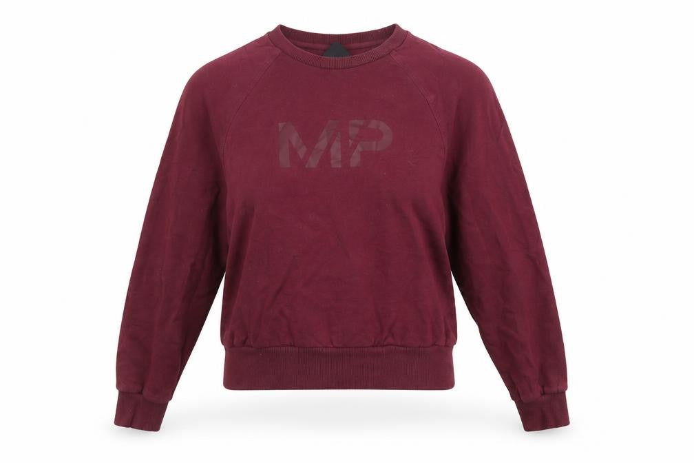 Front view of Myprotein women’s burgundy crew neck pullover sweatshirt, size M