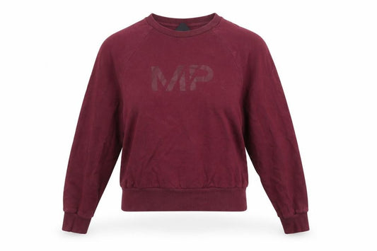 Front view of Myprotein women’s burgundy crew neck pullover sweatshirt, size M
