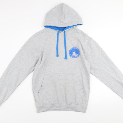 Just Hoods Mens Grey Pullover Hoodie M Blue Lined Hood Logo Print