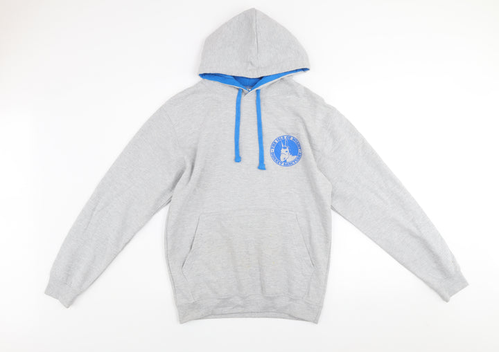 Just Hoods Mens Grey Pullover Hoodie M Blue Lined Hood Logo Print