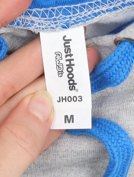 Just Hoods Mens Grey Pullover Hoodie M Blue Lined Hood Logo Print