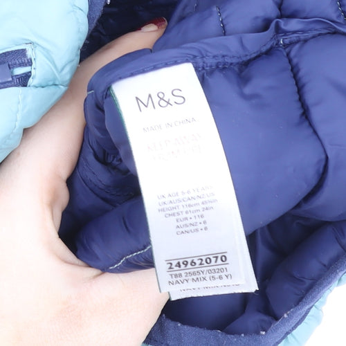 Marks and Spencer Boys Blue Yellow Hooded Puffer Jacket 5-6 Years