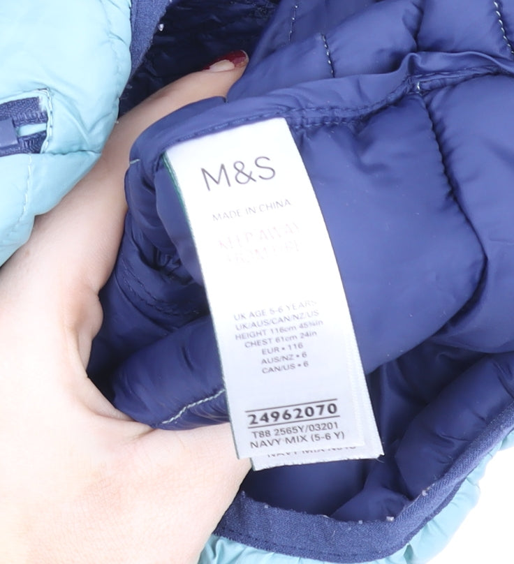 Marks and Spencer Boys Blue Yellow Hooded Puffer Jacket 5-6 Years