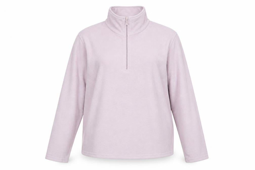 Front view of Mountain Warehouse women’s pink fleece half zip jacket, size UK 14