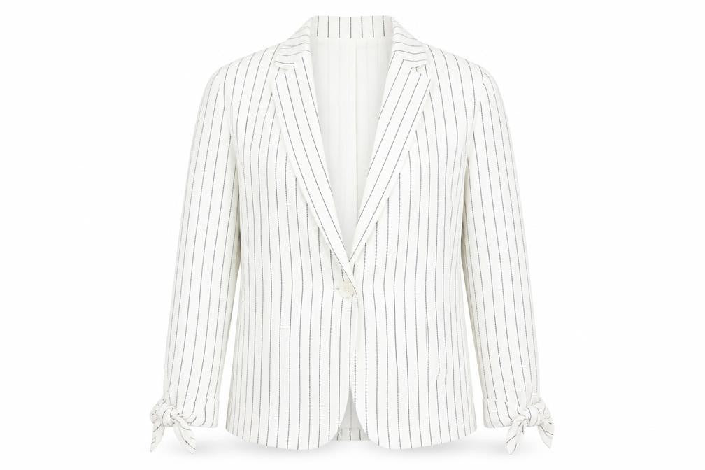 Front view of Tu Women White Striped Linen Blend Single-Breasted Blazer, size 12