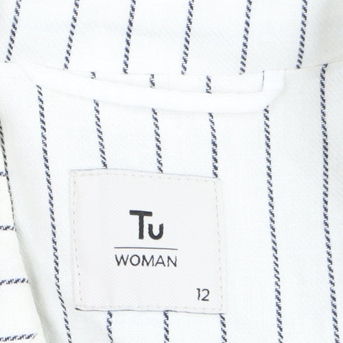 Tu Women White Striped Linen Blend Single-Breasted Blazer Size 12