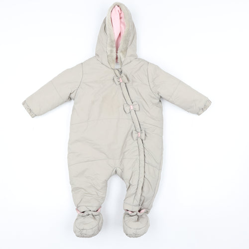 Tu Unisex Baby Beige Hooded Puffer Snowsuit 6-9 Months Faux Fur Trim