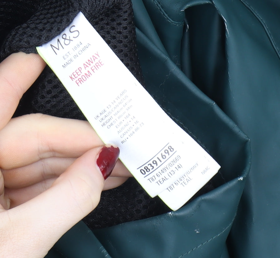 Marks and Spencer Boys Green Hooded Waterproof Rain Coat 13-14 Years