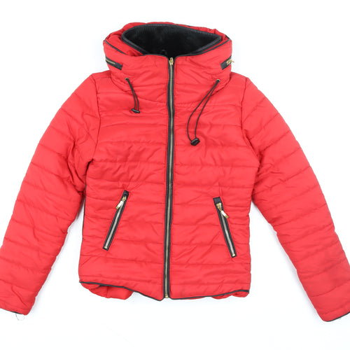 Rising Women’s Red Puffer Jacket S Hooded Lined Winter Coat