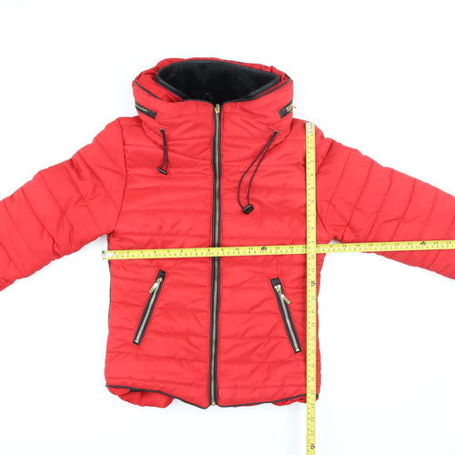 Rising Women’s Red Puffer Jacket S Hooded Lined Winter Coat