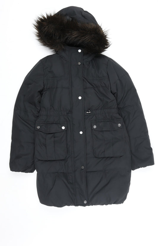 Gap Kids Girls Black Hooded Puffer Coat 13 Years Winter Faux Fur Trim