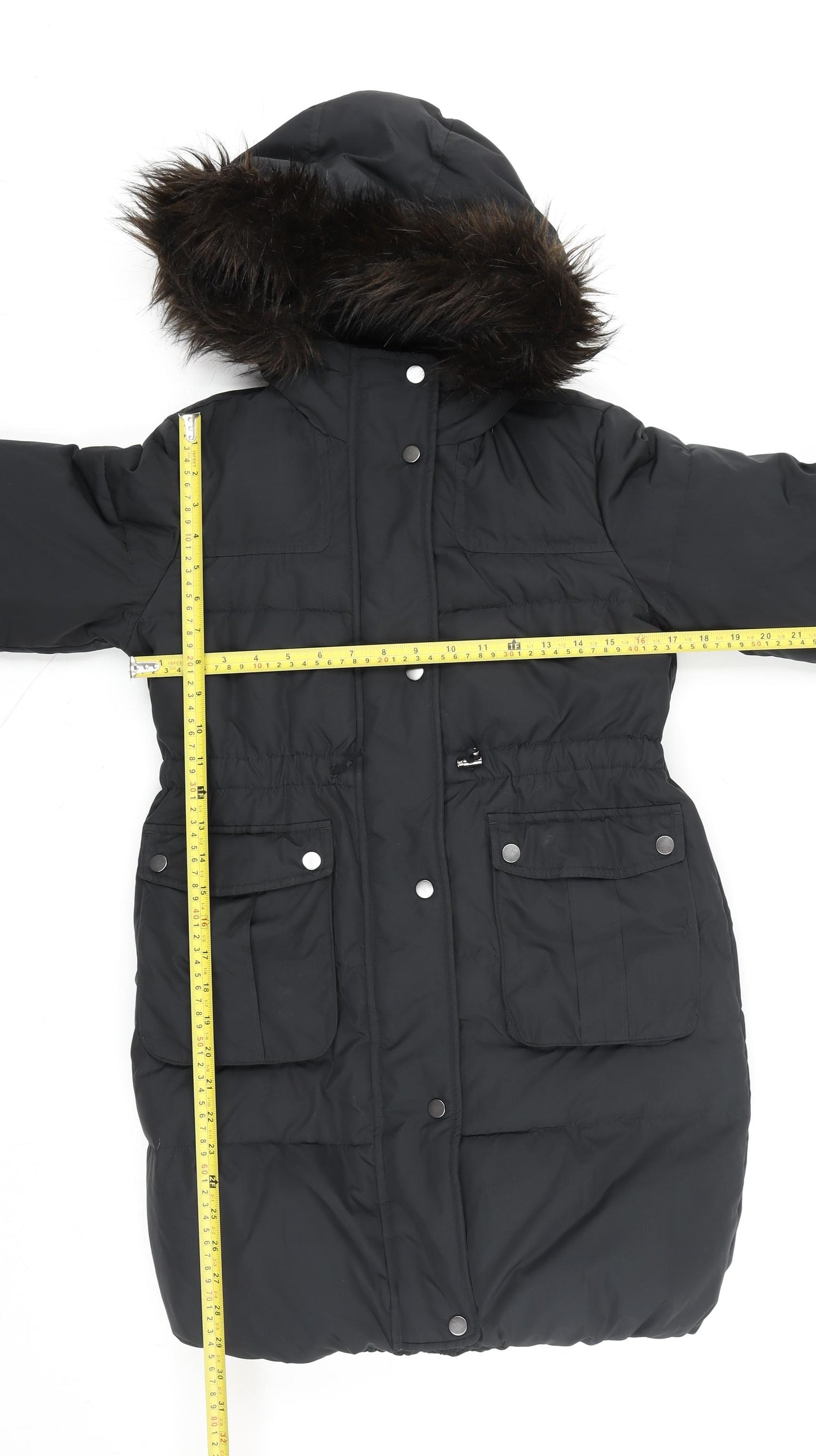 Gap Kids Girls Black Hooded Puffer Coat 13 Years Winter Faux Fur Trim