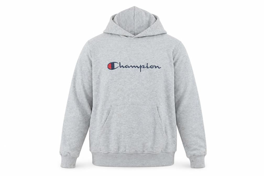 Front view of Champion men’s grey 2xl pullover logo hoodie sweatshirt