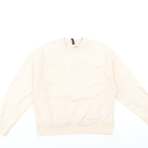 H&M Women Beige Paris Embroidered Pullover Sweatshirt XXS