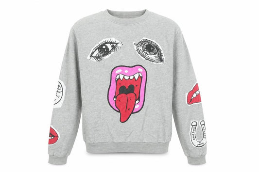 Front view of Influence women’s grey graphic print crew neck sweatshirt, size UK 12