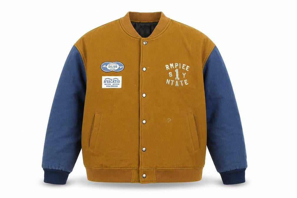 Front view of Gujee Men's Brown Varsity Jacket L Collared Cotton Retro Style