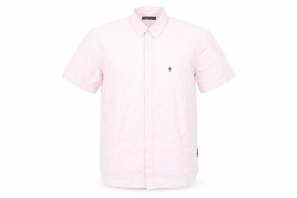 Front view of French Connection Men's Pink XL Button-Down Short Sleeve Cotton Shirt