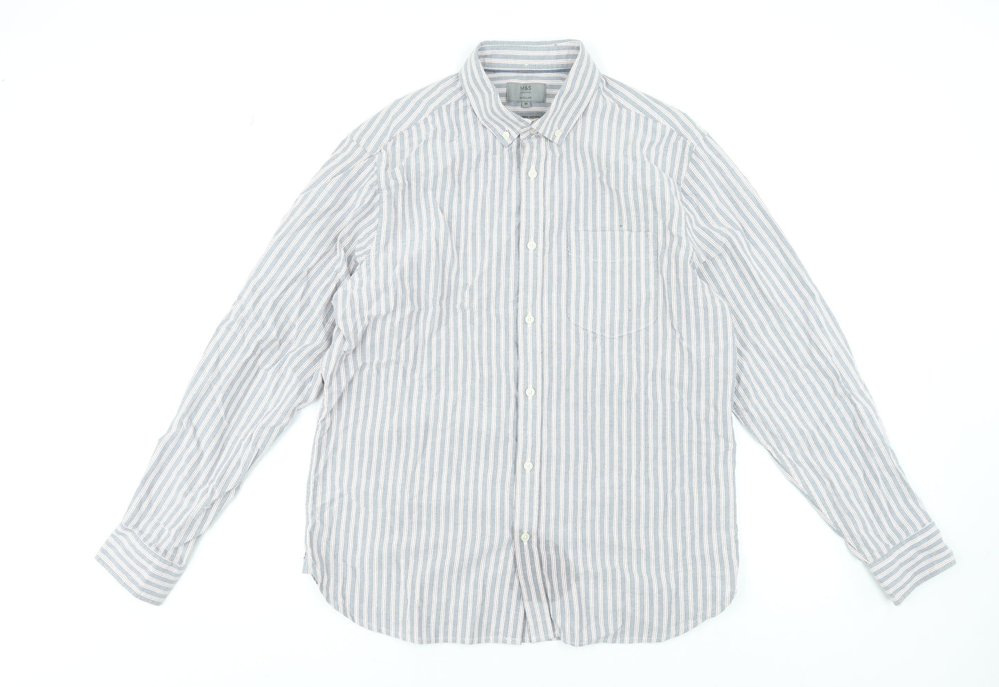 Marks and Spencer Men's Blue Striped Cotton Long Sleeve Dress Shirt Medium