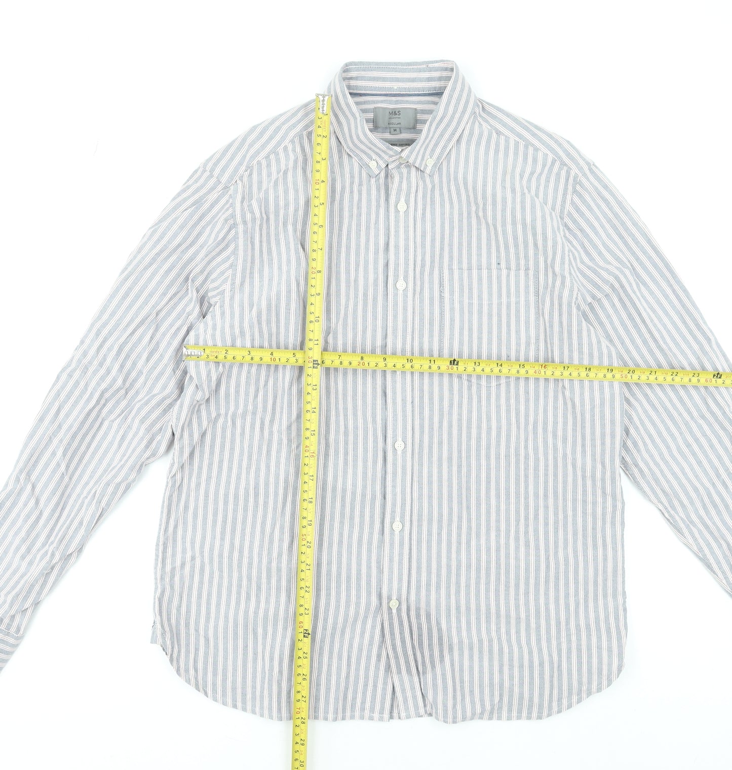Marks and Spencer Men's Blue Striped Cotton Long Sleeve Dress Shirt Medium