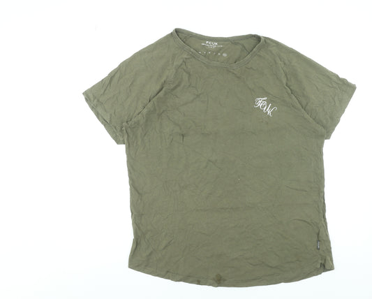 FCUK Men's Khaki Green Crew Neck Cotton T-Shirt XXL