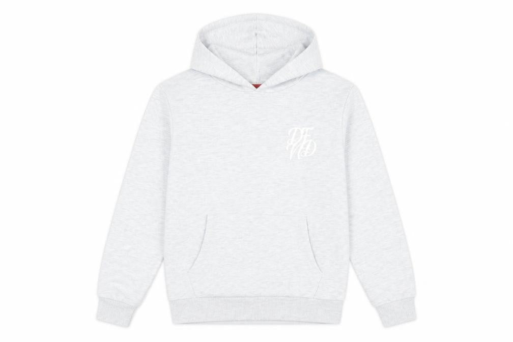 Front view of DFND boys’ grey pullover hoodie 11-12 years cotton blend logo sweatshirt