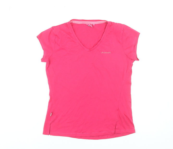 LA Gear Womens Pink Short Sleeve V-Neck Basic T-Shirt Size 14