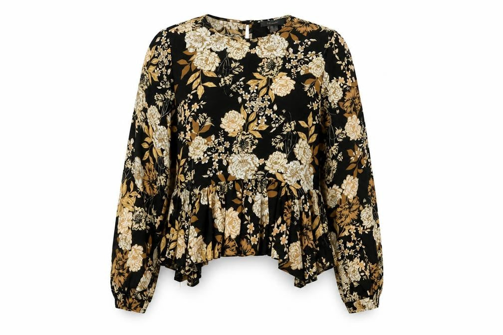 Front view of Primark Women's Black Floral Long Sleeve Tunic Blouse, size 8