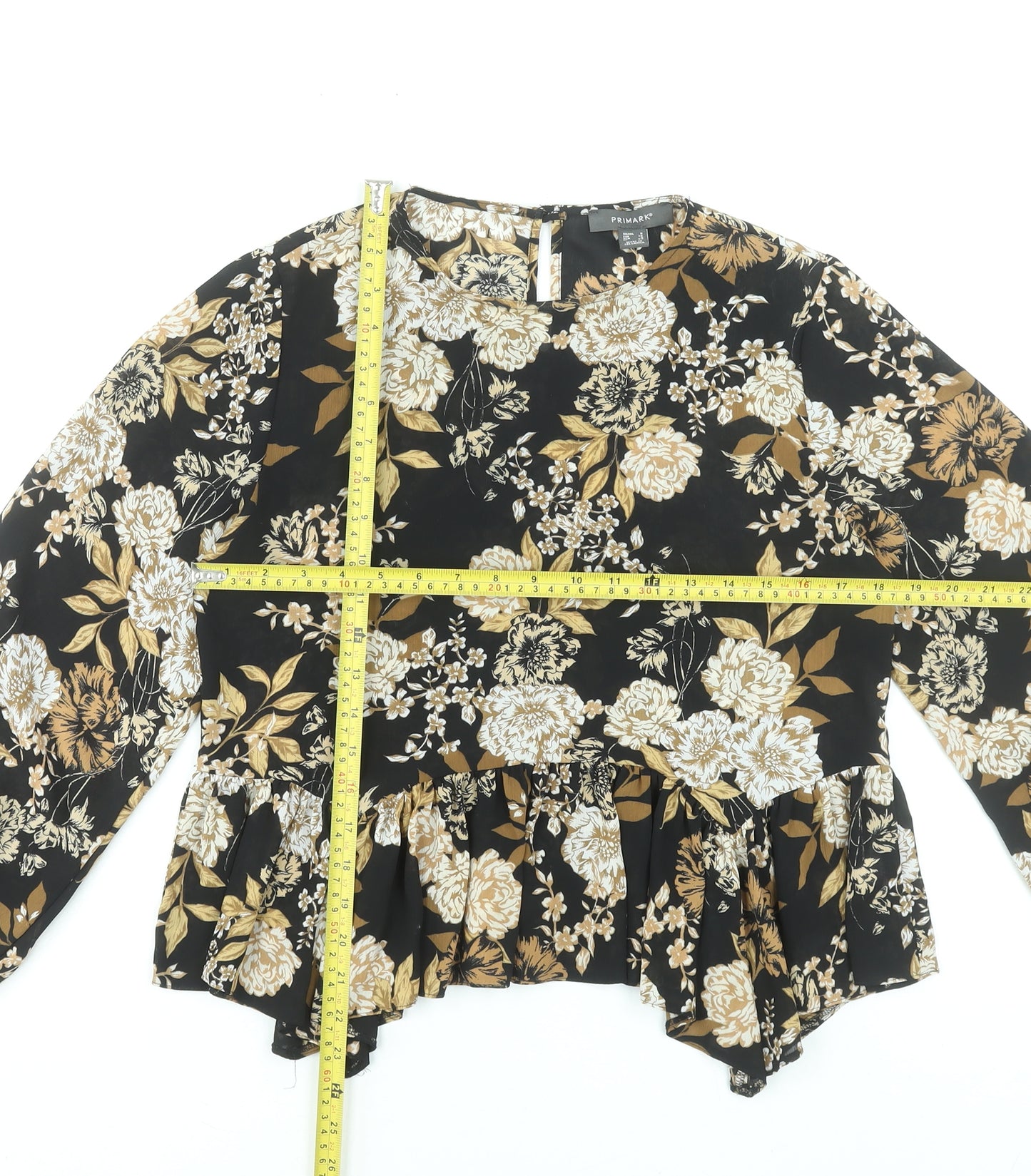 Primark Women's Black Floral Long Sleeve Tunic Blouse Size 8