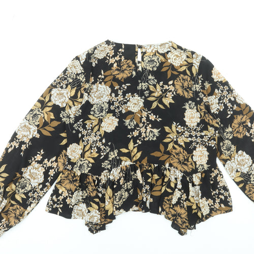 Primark Women's Black Floral Long Sleeve Tunic Blouse Size 8