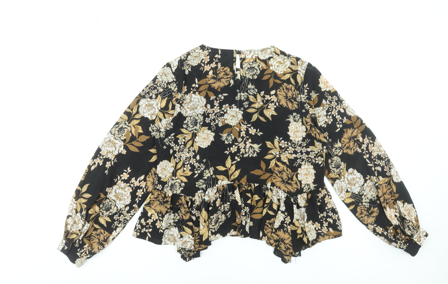 Primark Women's Black Floral Long Sleeve Tunic Blouse Size 8