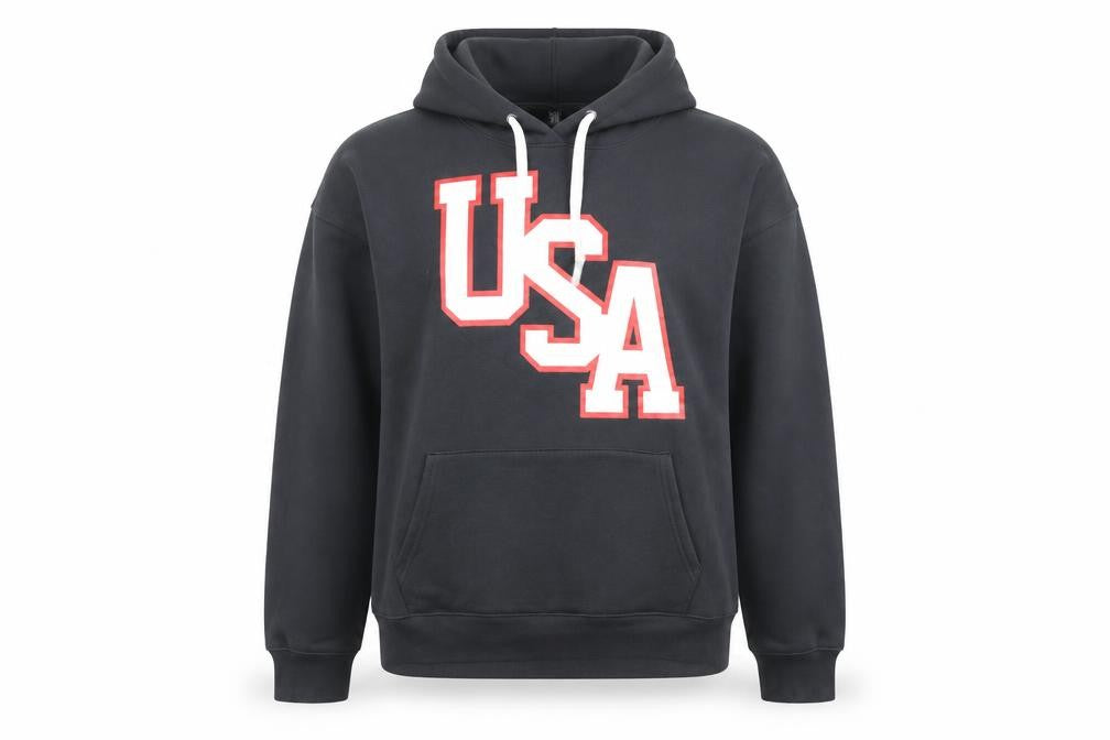 Front view of Primark Women's Black USA Pullover Hoodie, size L, 14-16 Cotton Blend
