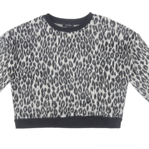New Look Women's Grey Leopard Print Crew Neck Knit Jumper Size M