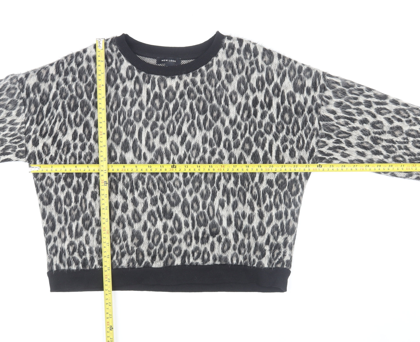 New Look Women's Grey Leopard Print Crew Neck Knit Jumper Size M
