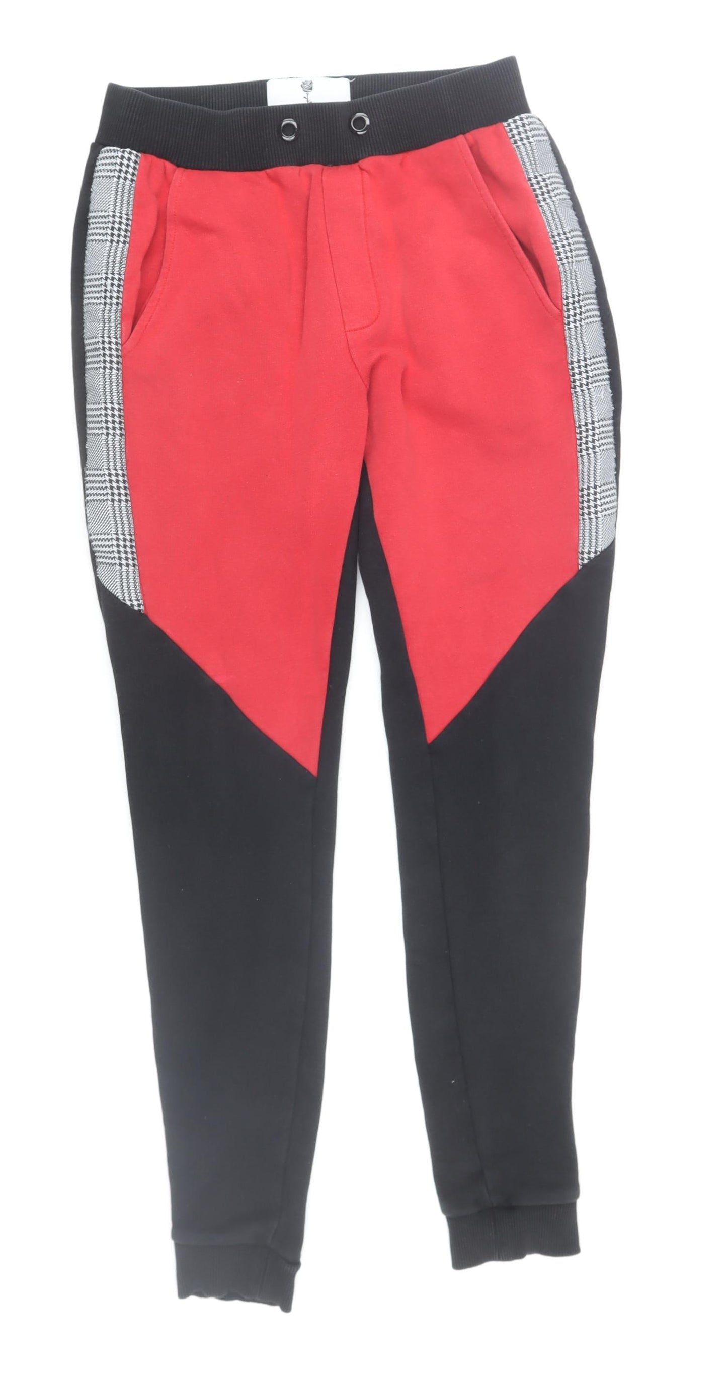 Rose London Men's Red Black Jogger Trousers Size S Colourblock Check