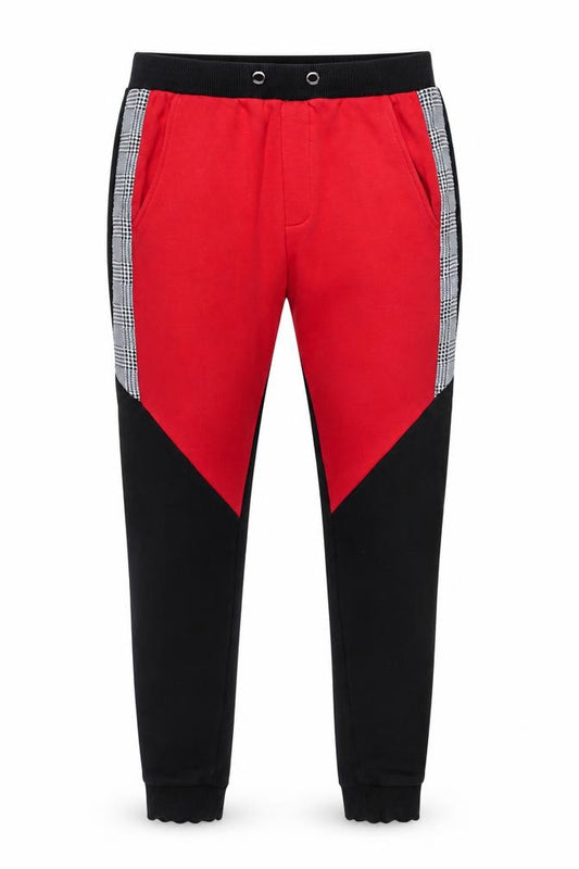 Front view of Rose London Men's Red Black Jogger Trousers, size S, Colourblock Check