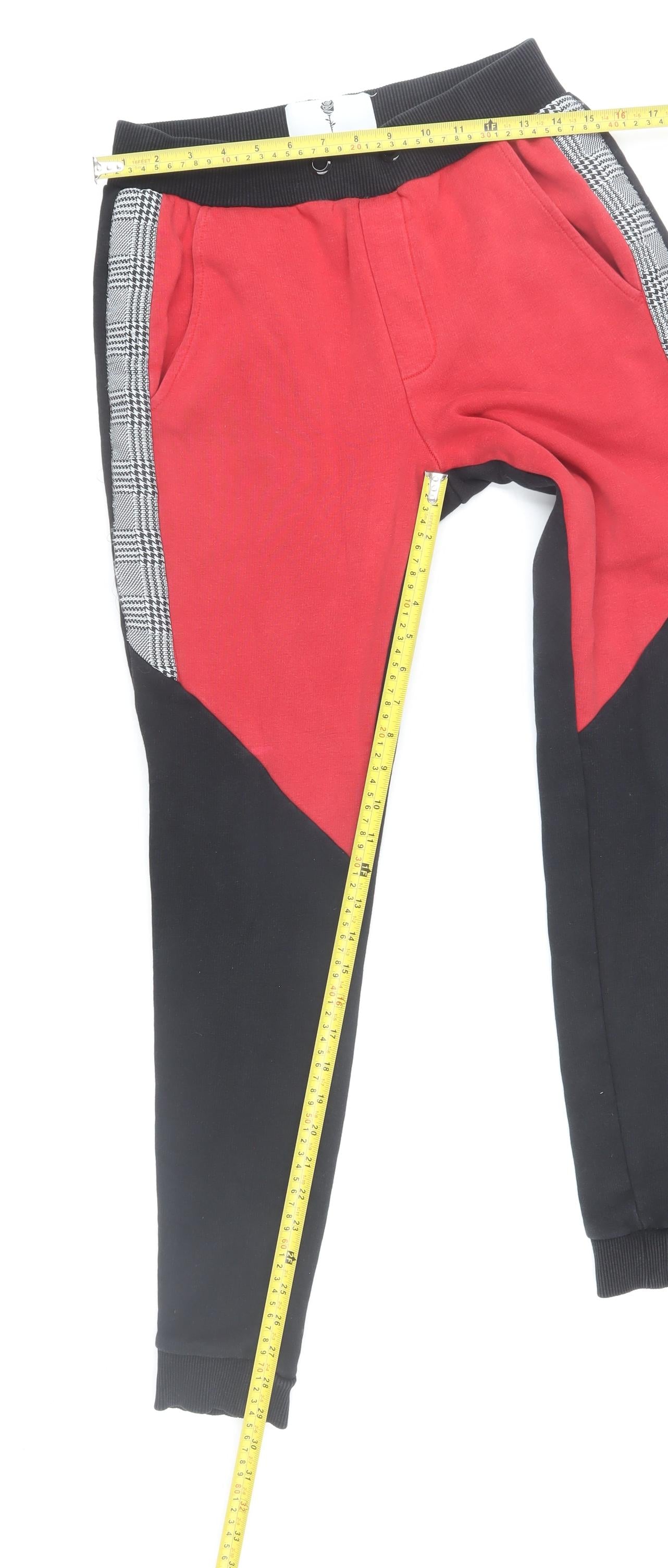 Rose London Men's Red Black Jogger Trousers Size S Colourblock Check