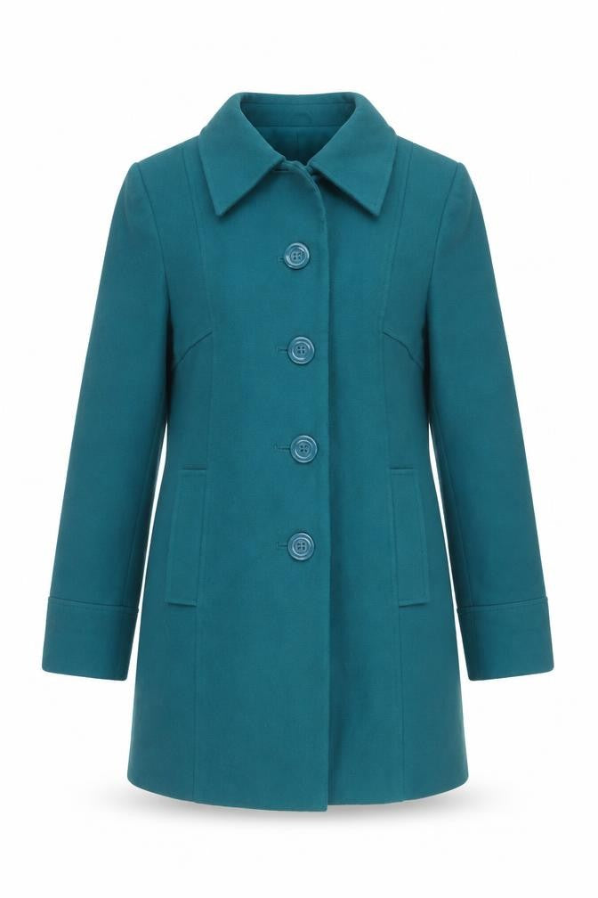 Front view of EWM Women’s Green Mid-Length Button Overcoat, size UK 10, Classic Style