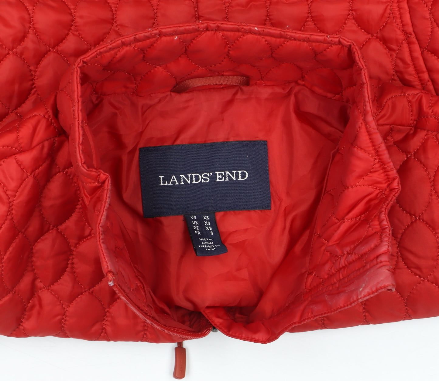 Lands' End Women Red Quilted Mid-Length Jacket XS Polyester