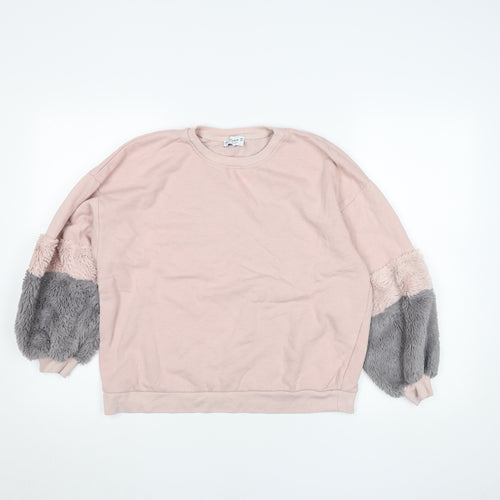Pull&Bear Womens Pink Grey Faux Fur Sleeve Sweatshirt XS Relaxed Fit