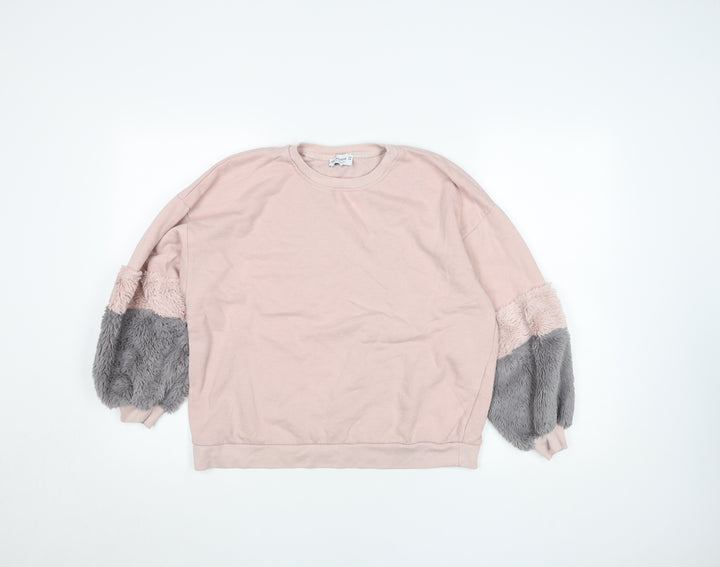 Pull&Bear Womens Pink Grey Faux Fur Sleeve Sweatshirt XS Relaxed Fit