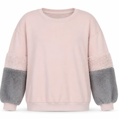 Pull&Bear Womens Pink Grey Faux Fur Sleeve Sweatshirt XS Relaxed Fit