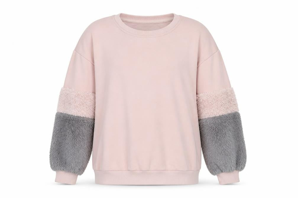 Pull&Bear Womens Pink Grey Faux Fur Sleeve Sweatshirt XS Relaxed Fit