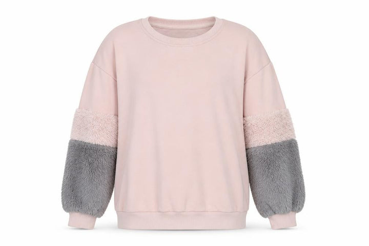 Pull&Bear Womens Pink Grey Faux Fur Sleeve Sweatshirt XS Relaxed Fit