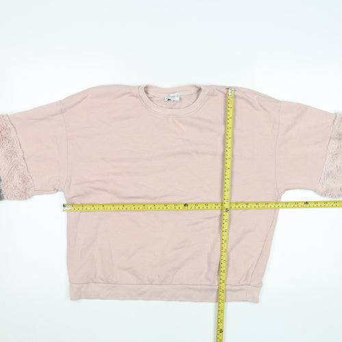 Pull&Bear Womens Pink Grey Faux Fur Sleeve Sweatshirt XS Relaxed Fit