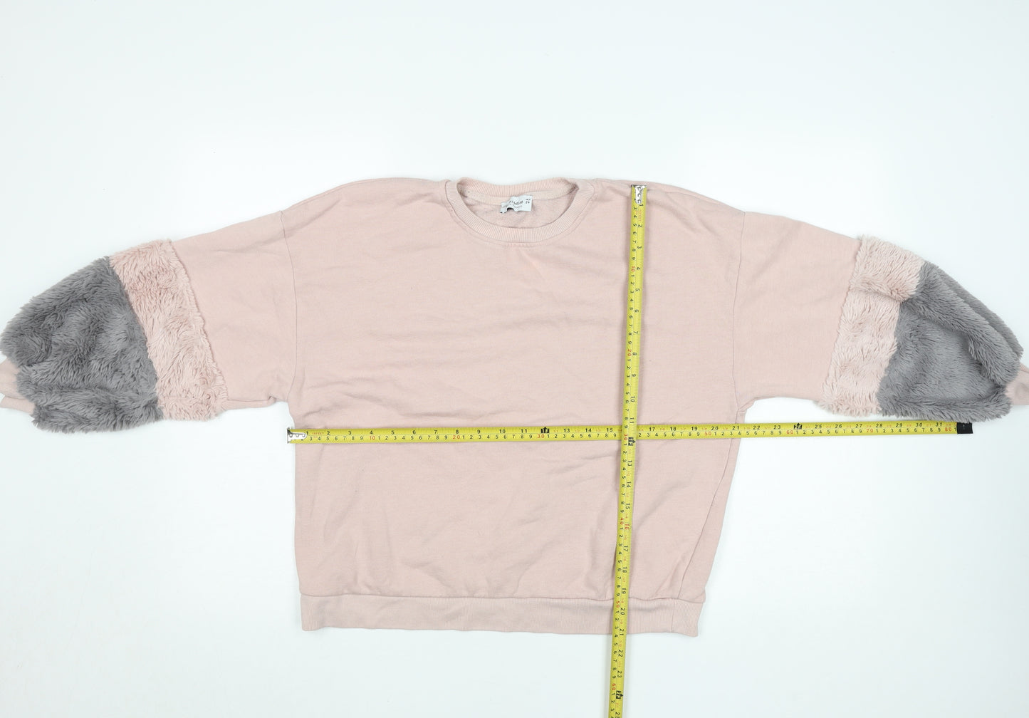 Pull&Bear Womens Pink Grey Faux Fur Sleeve Sweatshirt XS Relaxed Fit