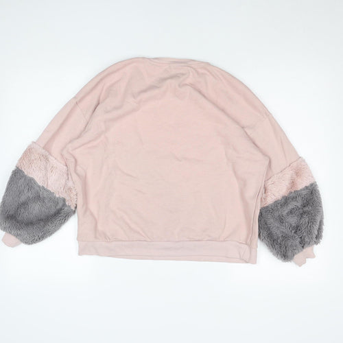 Pull&Bear Womens Pink Grey Faux Fur Sleeve Sweatshirt XS Relaxed Fit
