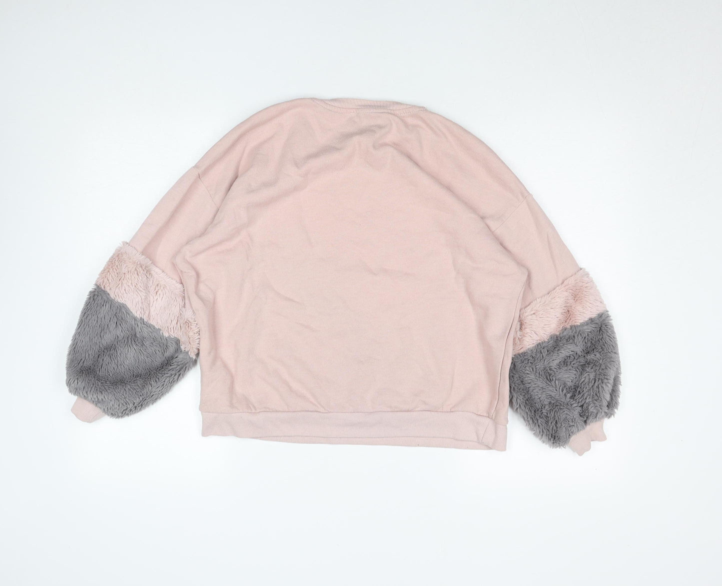 Pull&Bear Womens Pink Grey Faux Fur Sleeve Sweatshirt XS Relaxed Fit